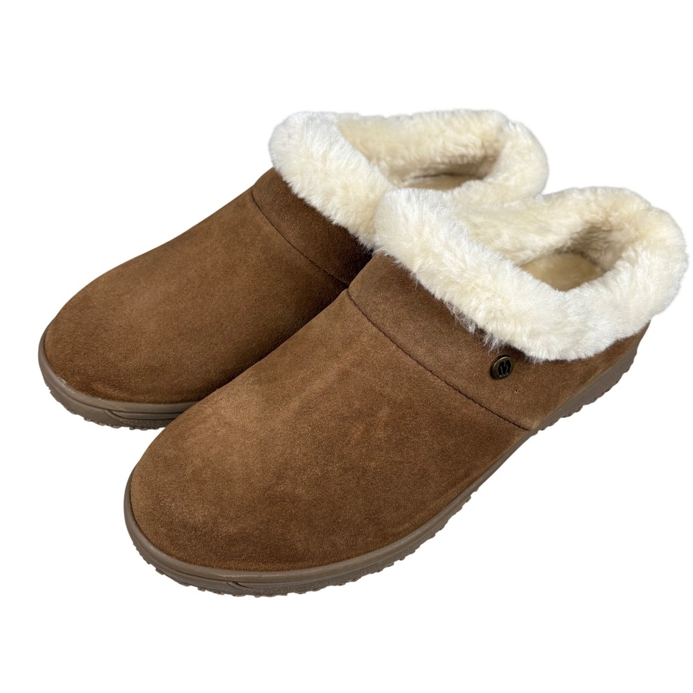 NWT Minnetonka Emerson Suede Clog Slippers Women's 8 Brown Faux Fur Hygge Cozy